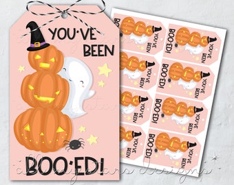 PRINTABLE You've Been BOOed! Cute Ghost and Pumpkins Gift Tag Pink | Instant Download | Halloween Package Tie | Sweet Halloween Boo Tag