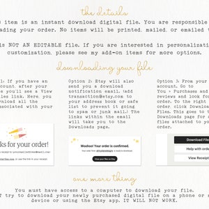 Puede incluir: Un fondo blanco con texto negro que explica c&oacute;mo descargar un archivo digital de Etsy. El texto incluye instrucciones para descargar archivos desde una cuenta de Etsy, descargar archivos desde un correo electr&oacute;nico y descargar archivos desde la p&aacute;gina de compras de Etsy. El texto tambi&eacute;n incluye una advertencia de que el archivo no se puede descargar en un tel&eacute;fono o dispositivo m&oacute;vil.
