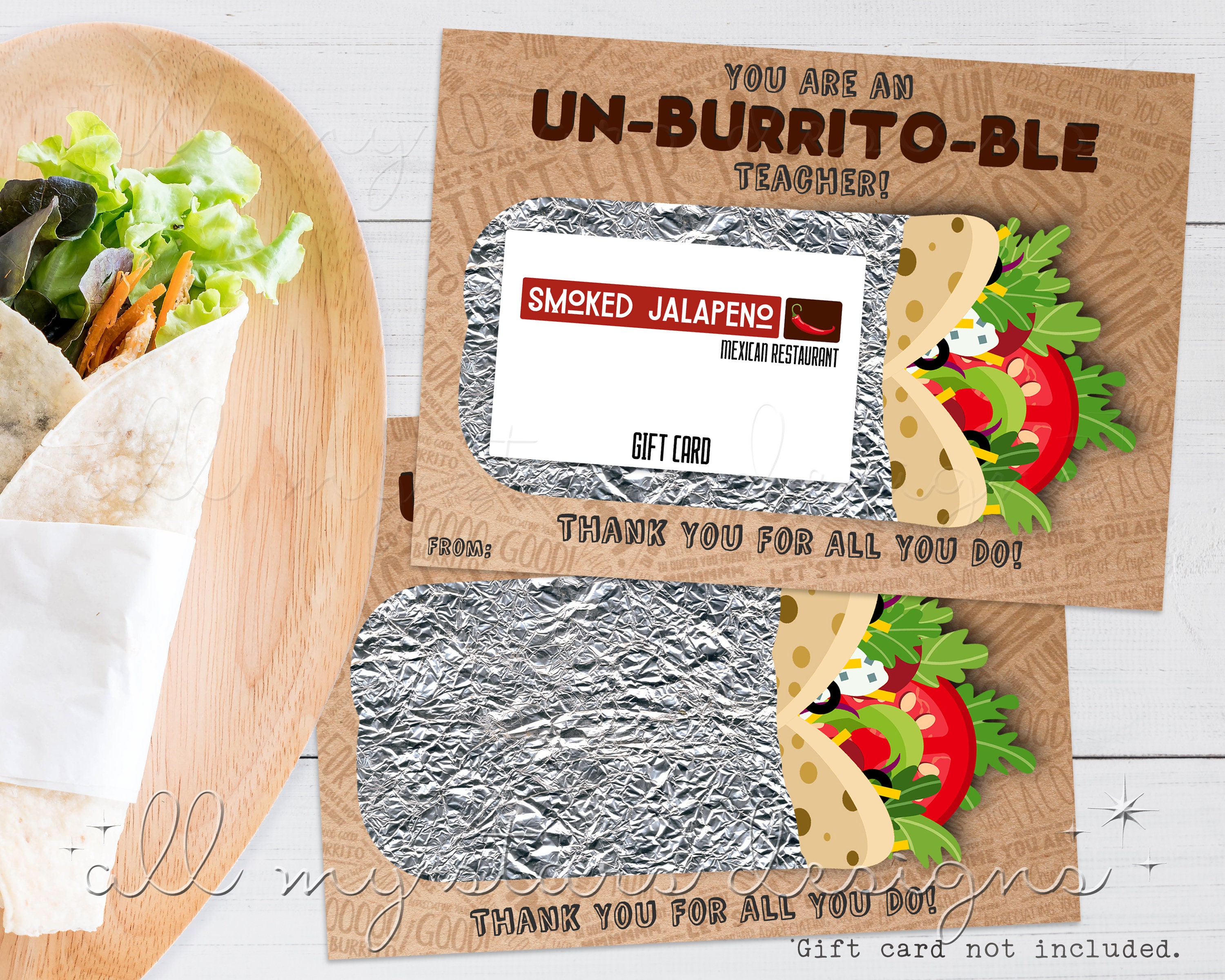 PRINTABLE You Are An Un-BURRITO-ble Teacher! Thank You! Mexican Restaurant Gift Card Holder Instant Download Teacher Appreciation