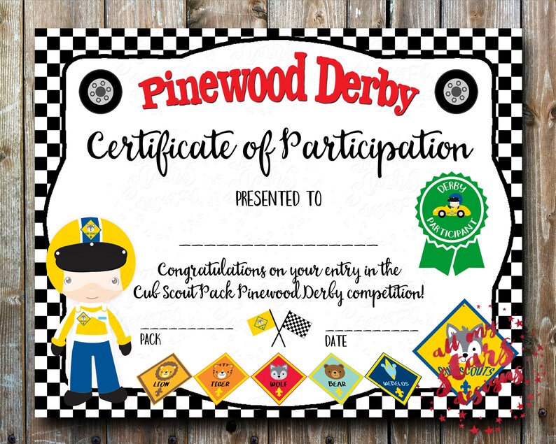 Cub Scout Pinewood Derby Certificate of Participation Racing Etsy