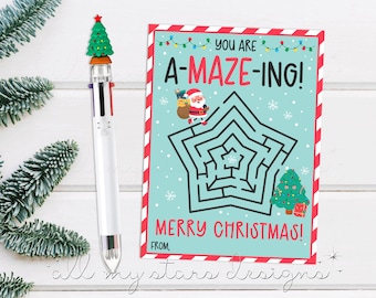 May include: A Christmas card with a star-shaped maze and the text "You are A-MAZE-ING! Merry Christmas!"  Santa Claus is at the top of the maze and a Christmas tree is at the bottom.