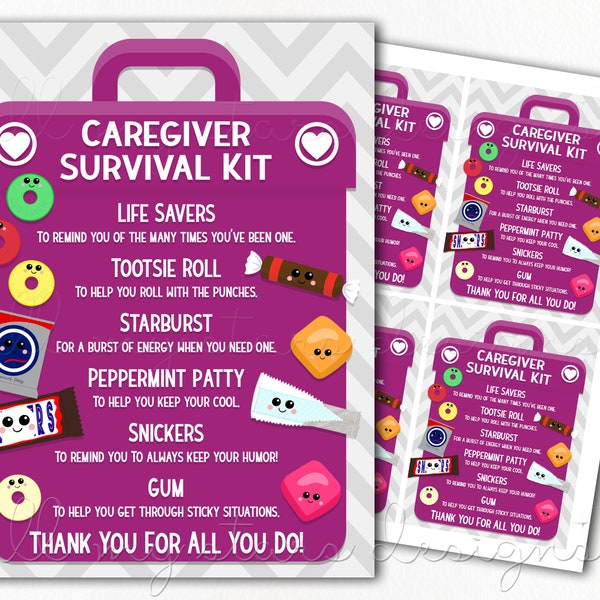 PRINTABLE Caregiver Survival Kit Tag | Instant Download | Caregiver Appreciation Day Tag | Candy Survival Kit | Cute Caregiver Thank You