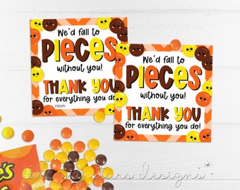 May include: Two printable thank you cards with a fall theme. The cards feature a brown, yellow, and orange color scheme with a pattern of orange and white stripes. The cards have a cartoon image of a smiling peanut with a brown shell and a yellow face. The text on the cards reads "We'd fall to pieces without you! Thank you for everything you do!"