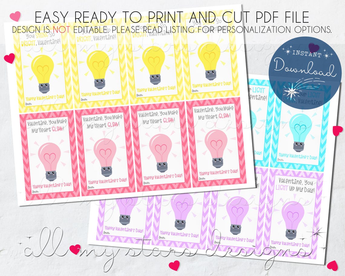 PRINTABLE Cute Lightbulb Valentines - Set of 4 | Instant Download ...