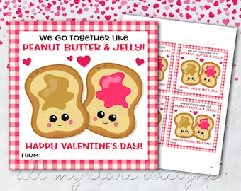 PRINTABLE We Go Together Like Peanut Butter & Jelly! Happy Valentine's Day! Tag | Instant Download | Kids Valentine Cards | Non-Candy