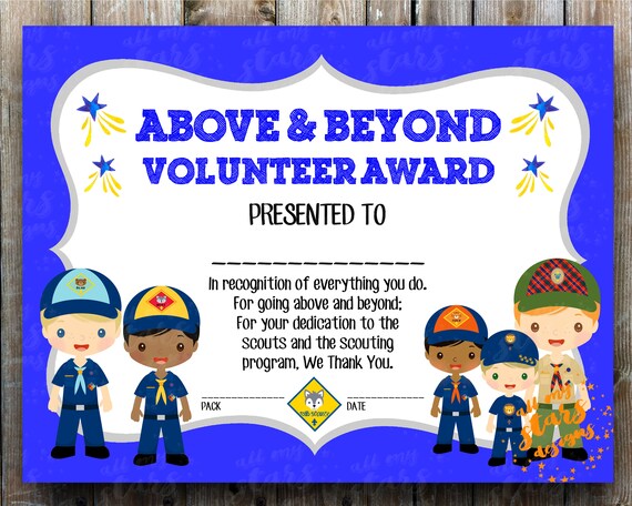 Cub Scout Above Beyond Volunteer Award Certificate Boys Etsy