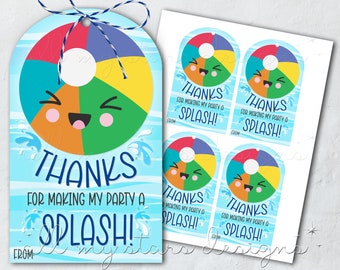 Summer Birthday Party Thank You Tags, Pool Party Favor Tags, Rainbow Tags,  Summer Party Tags, Swim Party, Popsicles, Beach Ball, Flip Flops 