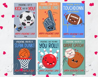 PRINTABLE Cute Sports Valentine Cards - Set of 6 Kid's Classroom Valentines | Instant Download | Kawaii Sports | Coordinating Back Included