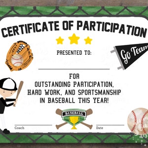Printable Baseball Participation Certificate | Sports Award | INSTANT DOWNLOAD PDF With Fillable Fields | Boy&#39;s Award Black Team Colors