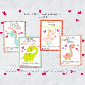 Tarjetas de San Valentín con dinosaurios para niñas dulces para imprimir - Juego de 4 / Descarga instantánea / Tarjetas de San Valentín con dinosaurios para el aula de niños / RAWR-some Friend / Dino-Mite