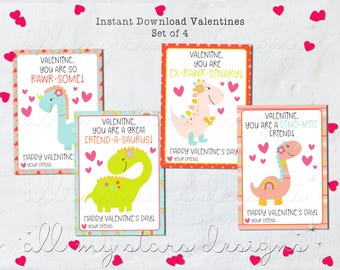 PRINTABLE Sweet Girl DINOSAUR Valentine Cards - Set of 4 | Instant Download | Kid's Classroom Dino Valentines | RAWR-some Friend | Dino-Mite