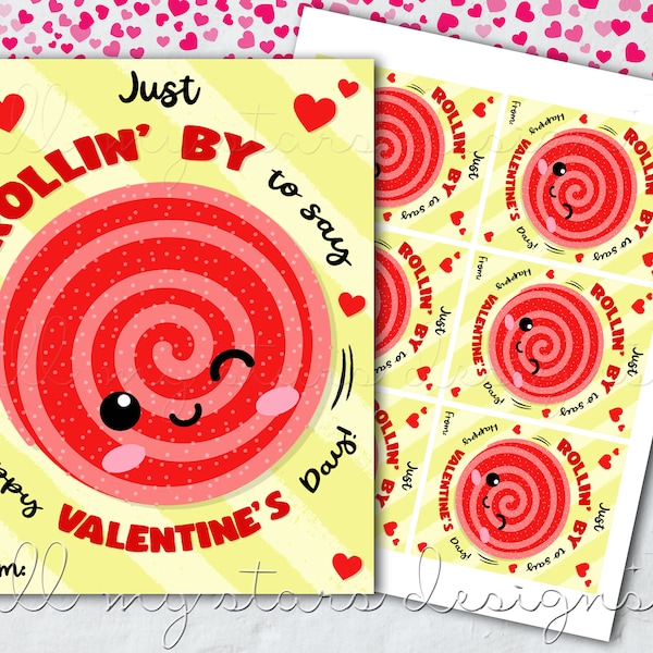 PRINTABLE Just ROLLIN' By To Say Happy Valentine's Day! Fruity Roll Up Tag | Instant Download | Strawberry Rip and Roll Class Valentine Tag