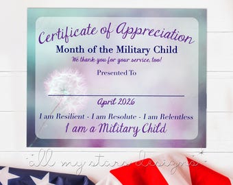 AFDRUKBARE maand van het militaire kind 2026 Certificate of Appreciation Award | Direct downloaden | PDF van 8,5 x 11 inch met invulbaar naamveld