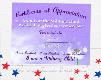 Certificado de reconocimiento del Mes del Niño Militar 2026 (imprimible) / Descarga instantánea / Campo rellenable en PDF de 8,5" x 11" - Versión 2