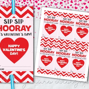 PRINTABLE Sip Sip Hooray, It's Valentine's Day! Happy Valentine's Day! Straw Tag | Instant Download | Crazy Straw Valentine Card | Non-Candy