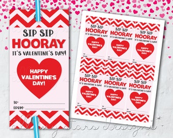 PRINTABLE Sip Sip Hooray, It's Valentine's Day! Happy Valentine's Day! Straw Tag | Instant Download | Crazy Straw Valentine Card | Non-Candy