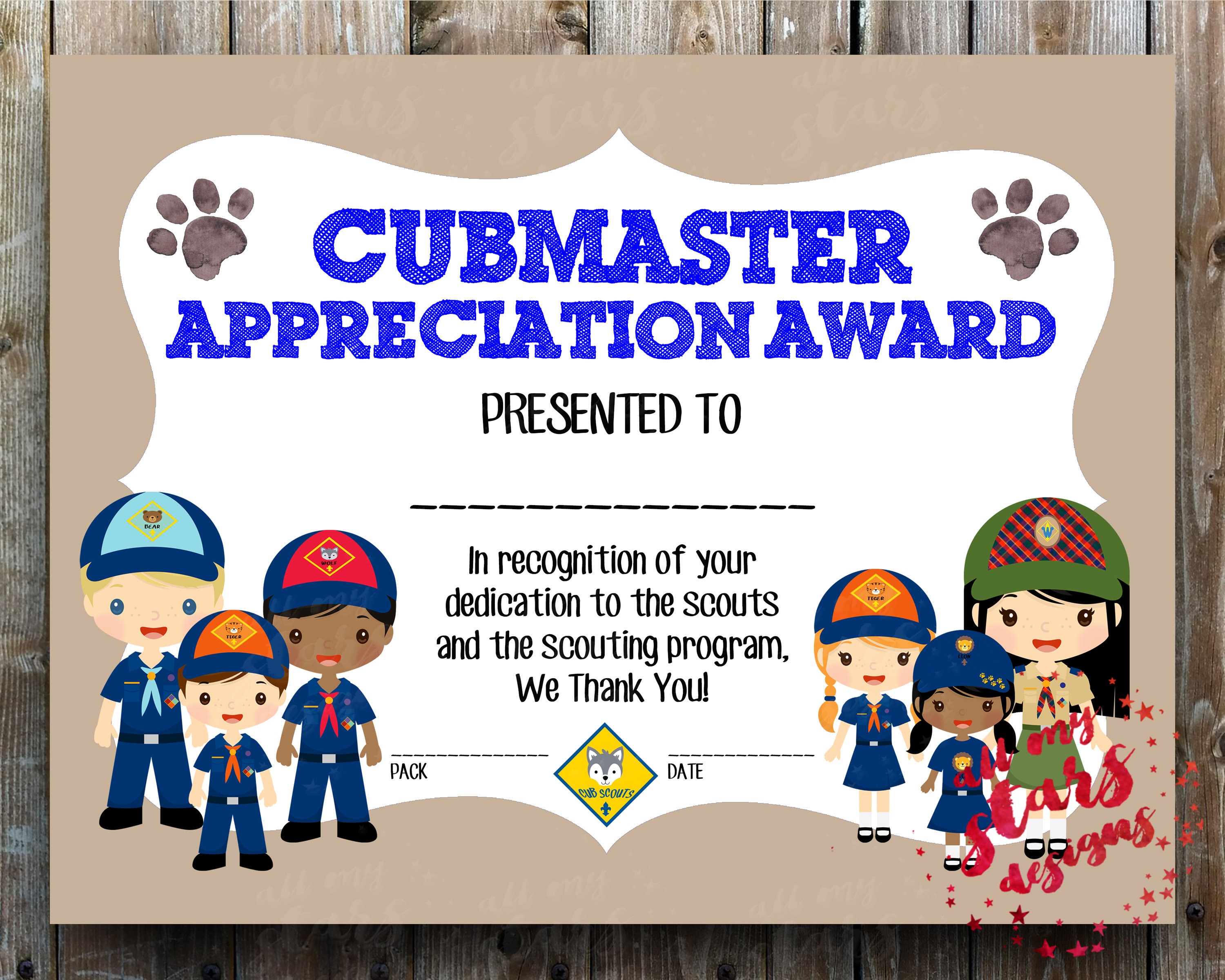Cub Scout Cubmaster Appreciation Award 8.5x11 Etsy