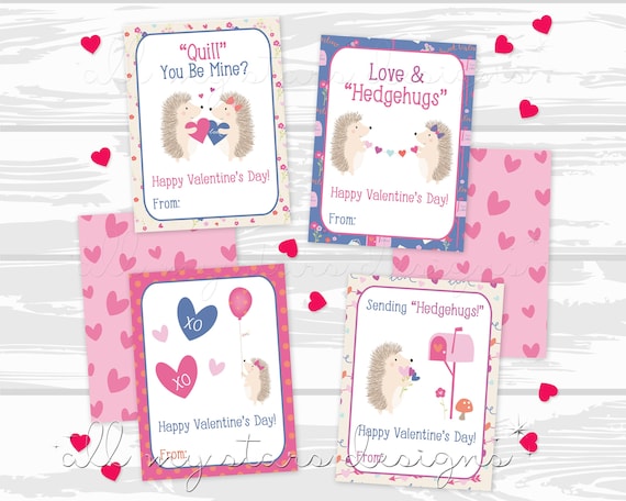 PRINTABLE Hedgehog Valentine Cards - Set of 4 Cute Hedgehog Classroom Valentine Cards | Instant Download | Coordinating Backing Included