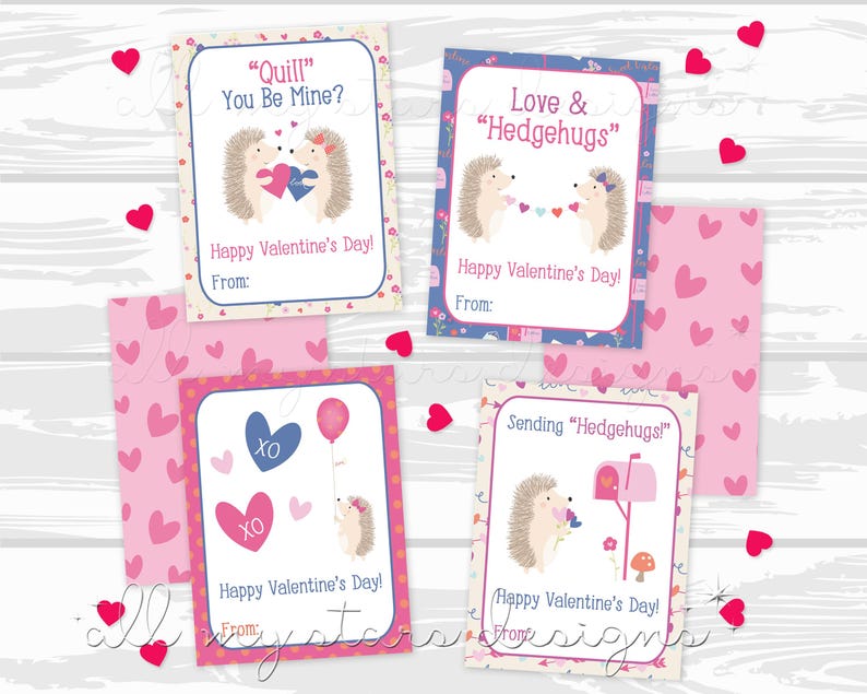 May include: Four printable Valentine's Day cards featuring hedgehogs with hearts and the text "Quill" You Be Mine?", "Love & "Hedgehugs"", "Sending "Hedgehugs!" and "Happy Valentine's Day!"