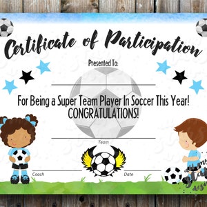 Certificato di partecipazione al calcio stampabile / Premio sportivo / DOWNLOAD IMMEDIATO PDF con campi compilabili / Premio di calcio Colori della squadra azzurri