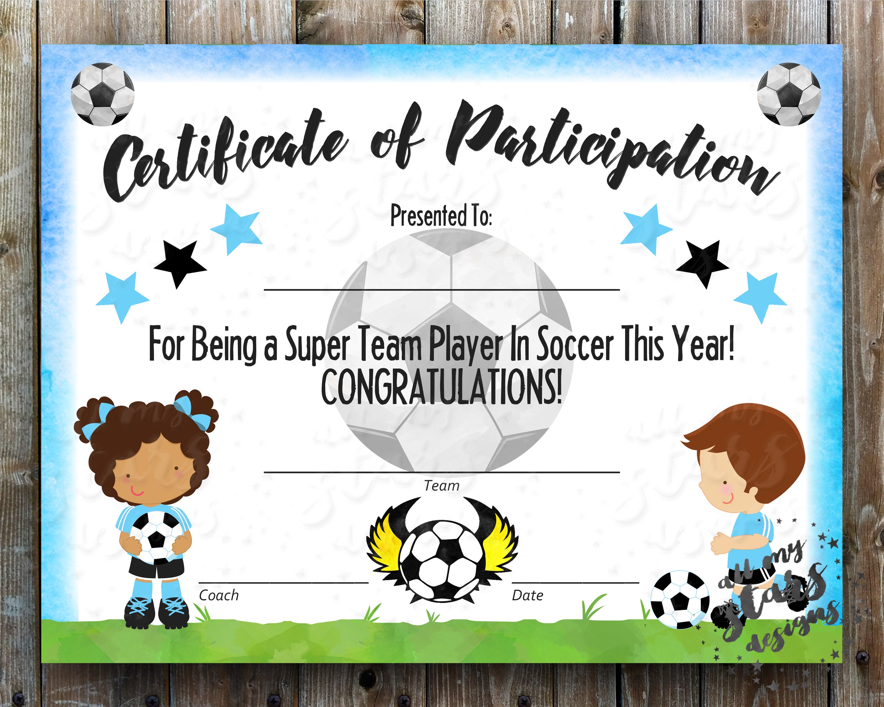 Printable Soccer Participation Certificate Sports Award Etsy