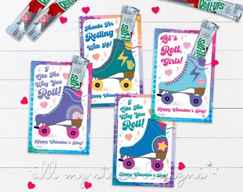 PRINTABLE Roller Skate Valentine Tag - Set of 4  | Instant Download | I Like The Way You Roll! | 4 Designs & 2 Sizes | Class Valentine Treat