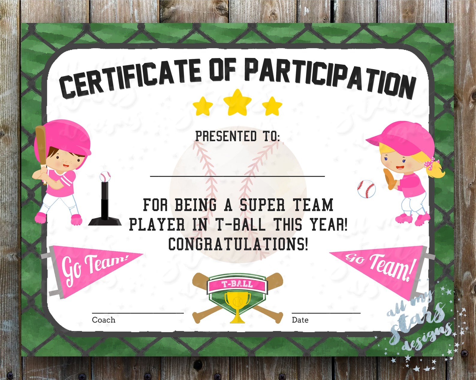 Printable Tball Participation Certificate Sports Award Etsy