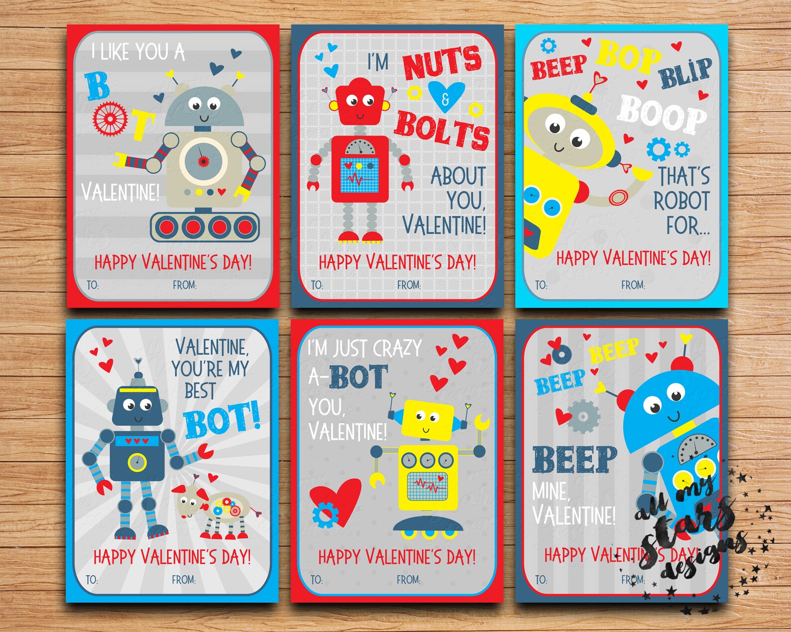 PRINTABLE Robot Valentines Set of 6 Valentine Cards - Etsy