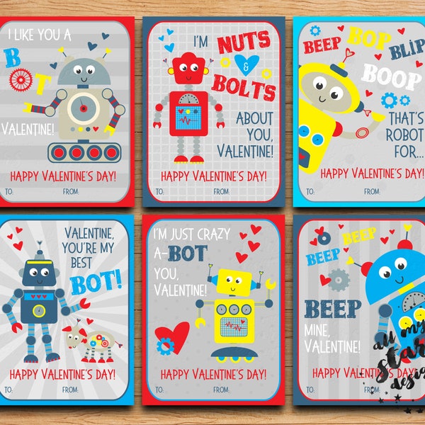 PRINTABLE Robot Valentines ~ Set of 6  Valentine Cards | Instant Download | Coordinating Back Included | Nuts & Bolts About You