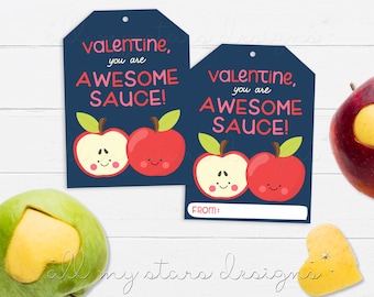 PRINTABLE Valentine, You Are AWESOME-SAUCE! Applesauce Pouch Tag | Instant Download | Applesauce Treat Tag | Kids Valentine Card | Non-Candy