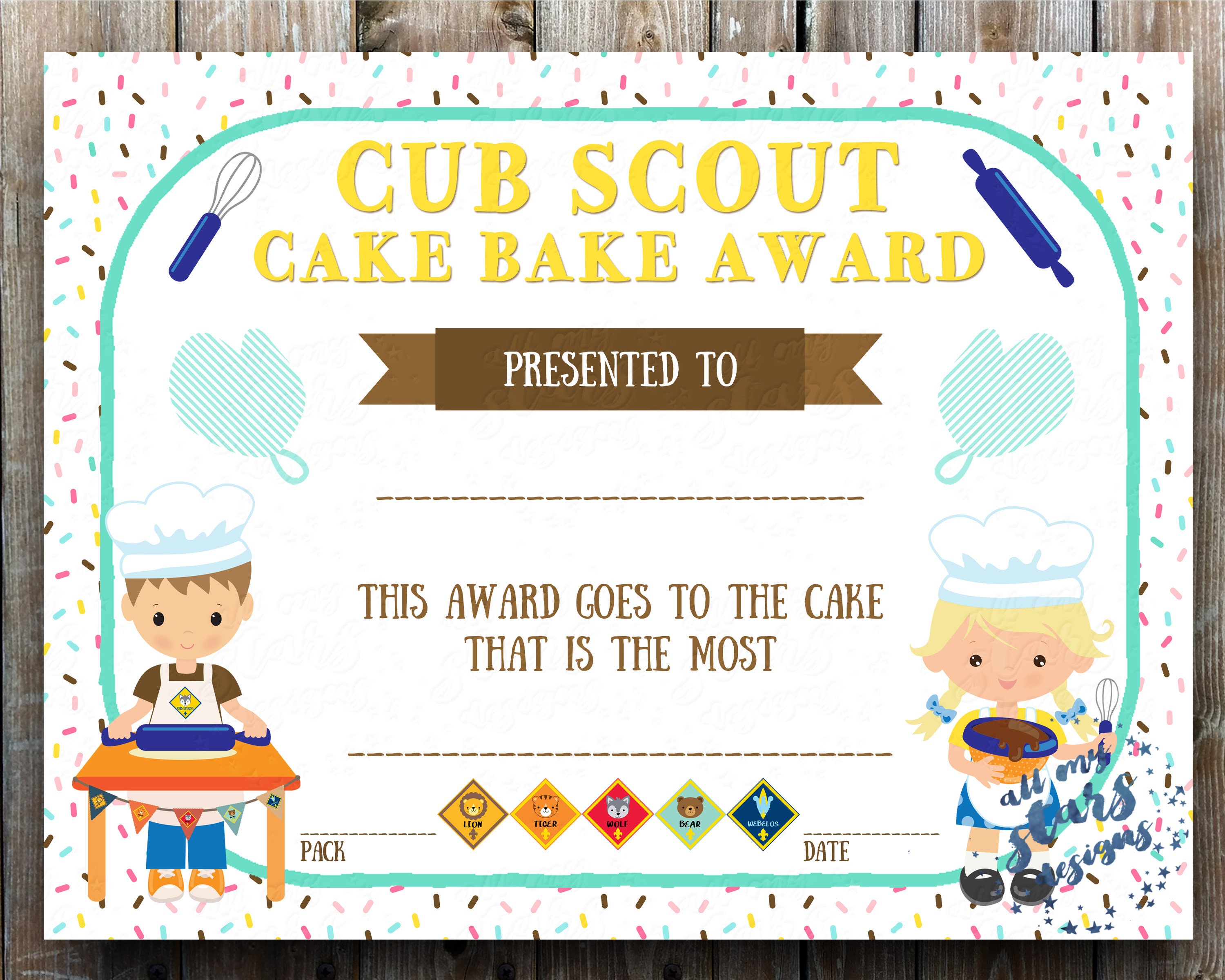 Cub Scout Cake Bake Certificate 8.5x11 Printable Award Etsy