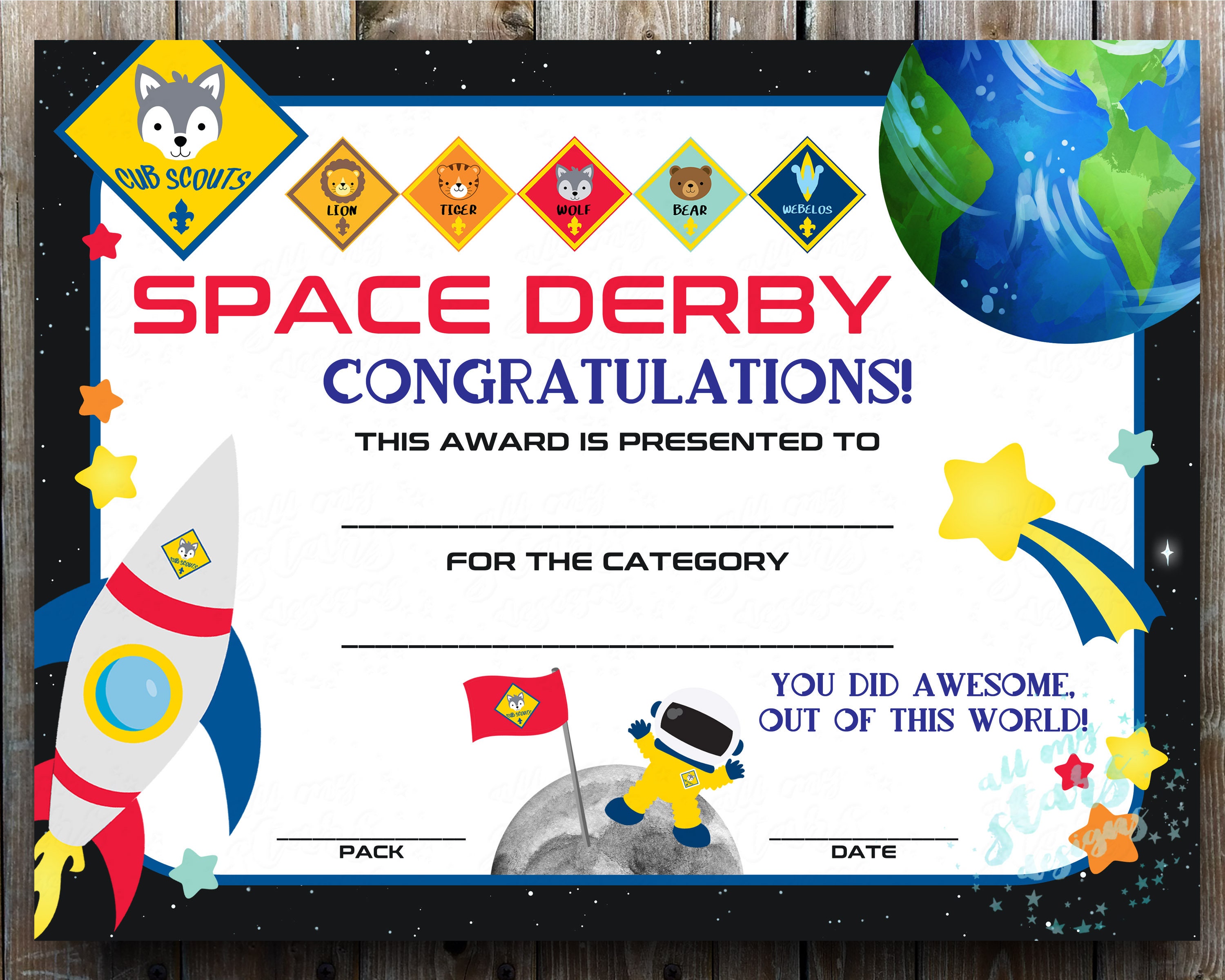 Cub Scout Space Derby Category Certificate DIY Printable Etsy