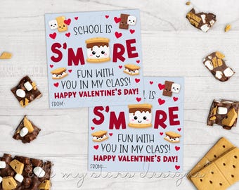 May include: Two printable Valentine's Day cards with a s'more theme. The cards are blue with red hearts and text that says "School is S'more Fun with You in My Class! Happy Valentine's Day!"
