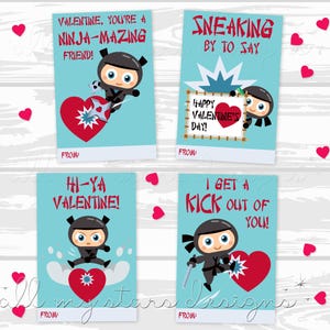 Tarjetas Ninja de San Valentín para imprimir - Juego de 4 / Descarga instantánea / Hi-Ya Valentine / Tarjetas Ninja / Kicking Valentines / Boys' Class Valentines