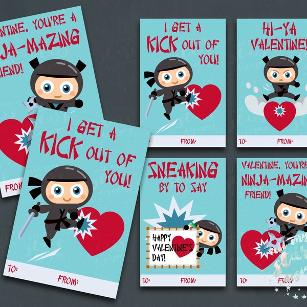 PRINTABLE Ninja Valentine Cards - Set of 4 | Instant Download | Hi-Ya Valentine | Ninja Cards | Kicking Valentines | Boy's Class Valentines