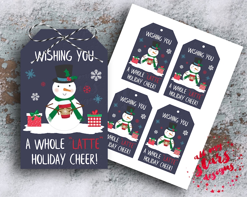 Coffee Gift Tag Secret Santa Gift Red Christmas Coffee Cup Holiday Hanging Tag Wishing You a Whole Latte Holiday Cheer Snowman