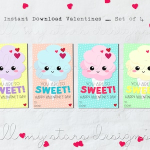 PRINTABLE Cute Cotton Candy Valentines - Set of 4 - You Are So Sweet! | Instant Download | Cotton Candy Treat Tags | Kid's Class Valentines