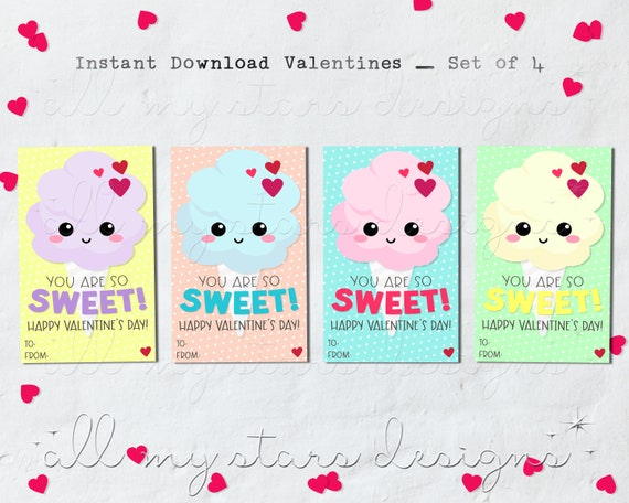 PRINTABLE Cute Cotton Candy Valentines Set of 4 You Are so Sweet