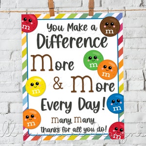 May include: A printable sign with a colorful striped border and the text "You Make a Difference More & More Every Day! Many, many thanks for all you do!" with colorful M&M candies with faces on them.