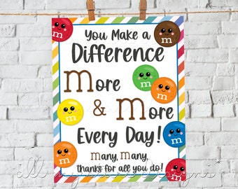 PRINTABLE You Make a Difference More and More Every Day ! Many, Many Thanks! 8&quot;x10&quot; Appreciation Sign | Instant  Download |  Candy Buffet