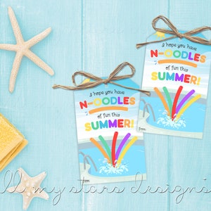 May include: Two colorful gift tags with a pool and noodle illustration. The text on the tags reads "I hope you have N-ODLES of fun this SUMMER!"