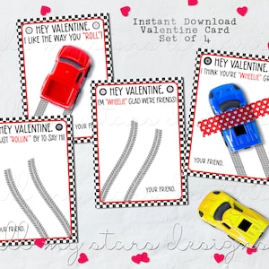 PRINTABLE Cute Car Themed Valentine Cards - Set of 4  | Instant Download | Just Add Toy Cars | Wheelie Great Kid's Class Valentine Card Set