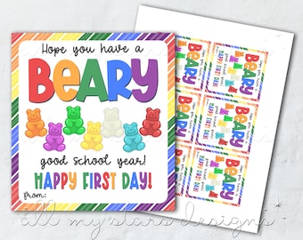IMPRIMIBLE ¡Espero que tengas un buen año escolar BEARY! ¡Feliz primer día! Etiqueta de oso gomoso / Descarga instantánea / Etiqueta de caramelo de regreso a la escuela