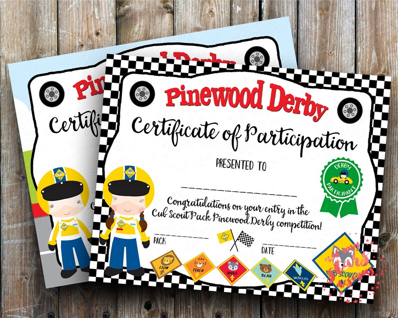 Cub Scout Pinewood Derby Certificate of Participation Award Etsy