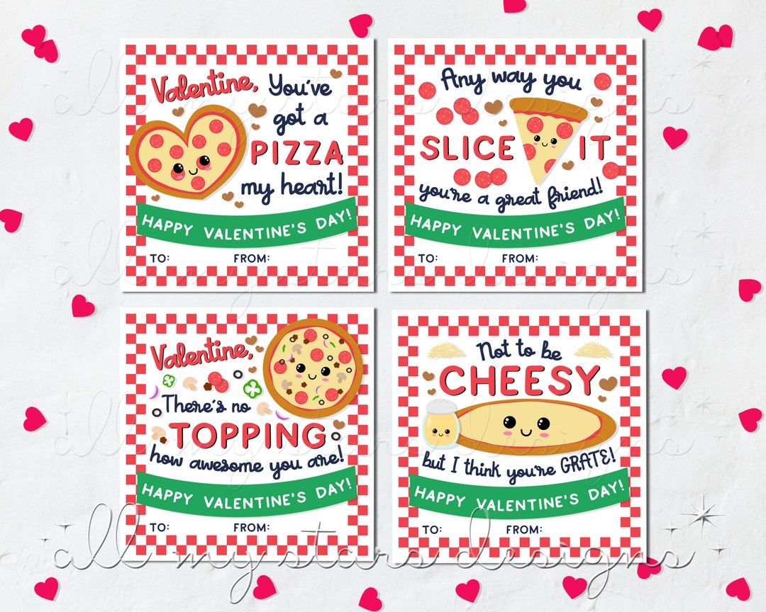 PRINTABLE Cute Pizza Valentine Cards Set of 4 Instant Download Pizza