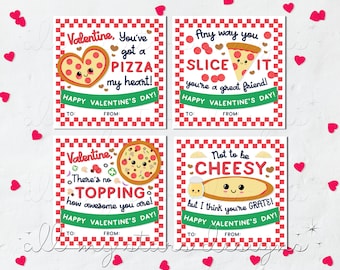 AFDRUKBARE schattige pizza-valentijnkaarten - set van 4 | Direct downloaden | Valentijnskoekje pizza | Minipizzadozen | Inclusief twee maten en achterkant