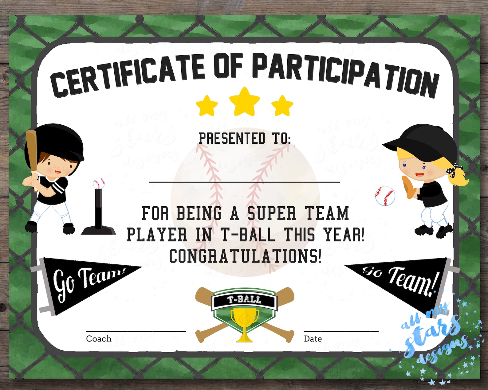 Printable T-ball Participation Certificate Sports Award - Etsy