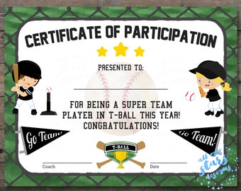 Printable T-ball Participation Certificate Sports Award | Etsy