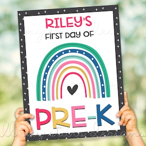 First Day of Pre-K Sign | Instant Download | Editable PDF | Cute Colorful Rainbow Back To School Photo Sign | Personalized School Sign