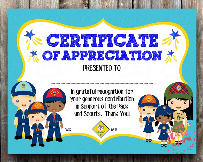Cub Scout Certificate Of Appreciation Certificate Includes Etsy
